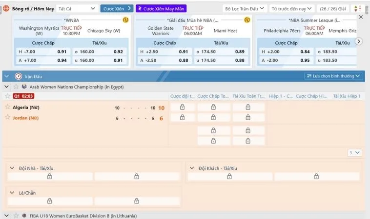 Giao diện đặt kèo cá cược bóng rổ Vin68