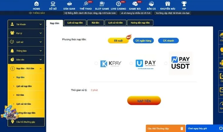 Giao diện nạp tiền Vin68